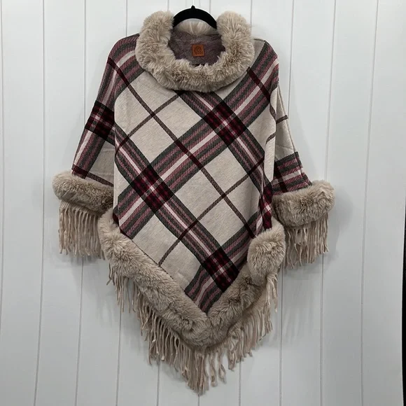 🆕Tartan Plaid V-Shape Poncho W/Faux Fur & Fringe Trim - Picture 2 of 12